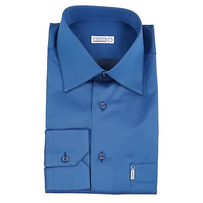 Zilli Tailored-Fit Ocean Blue Cotton Shirt With Metal Emblem 18.5 (Eu 47) NWT • $349