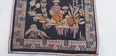 Vintage Tapestry Panel Runner Blue Gold Velvet   Asian Man In Garden Hand Made • $19.19