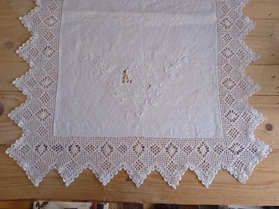 White Irish Linen With Lace Edge Tablecloth Cut Work Crocheted Wide Edge Upcycle • £5