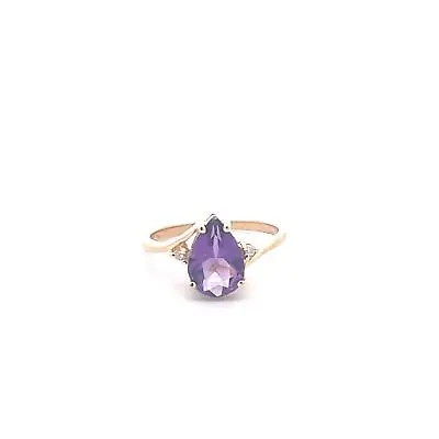 10K Pear Amethyst Diamond Accent Vintage Ring Yellow Gold *73 • $110.46