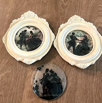 Vintage Lot Of 3 Reverse Painted Convex Glass Framed Silhouette Pictures • $29.95