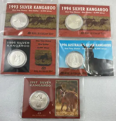 1993- 97 $1 Silver Kangaroo Set Of 5 RAM Carded 1oz 99.9% Silver Coins • $325