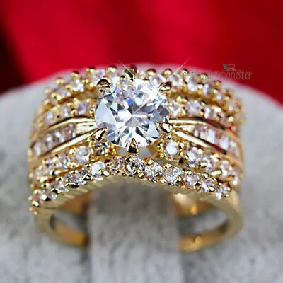 $17.97 • Buy 9k Yellow Gold Gf Simulated Diamond Luxury Womens Dress Three Rings Set Her Gift