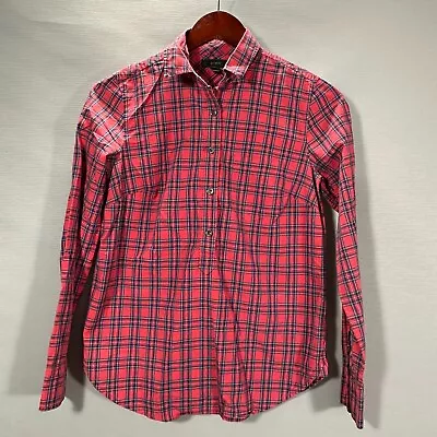 J Crew Perfect Shirt Women 0 Red Plaid Cotton Long Sleeve Button Up Blouse • $14.99