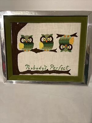 Vintage Needlepoint Finished Nobody's Perfect Owl Tree Framed Completed Wall Art • $50