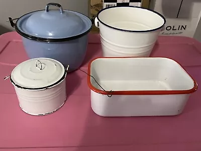 Vintage Enamel Ware Tea Pot And Pots With Lids  • $9.99