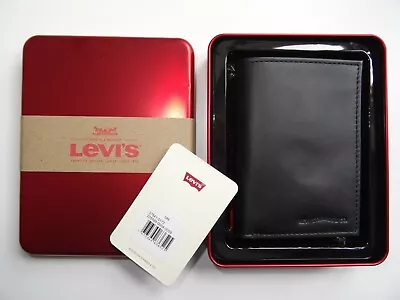 LEVI'S Black LEATHER Billfold WALLET IN TIN Holds Cards Coins & Notes LOGO NEW • £39.50