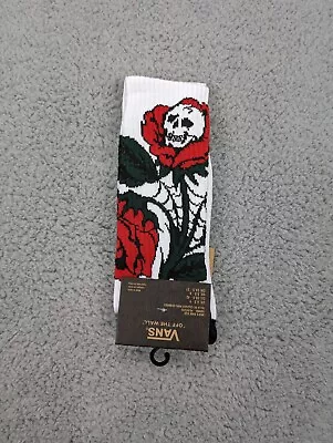 Vans Crew Socks Mens Womens 6.5-9 White Red Skull Roses Floral Flowers Athletic • $11.16