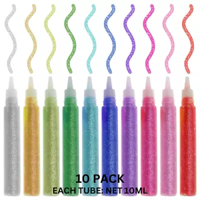 10Pc Glitter Glue Set Sparkly Pens Tubes Kids Children Card Making DIY Art Craft • £3.79