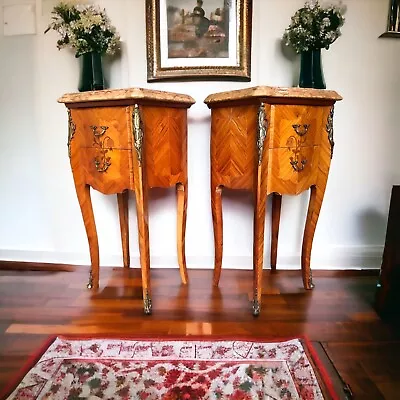 French Marquetry Bedside Tables Louis XVI Cabinets With Marble Tops • £495