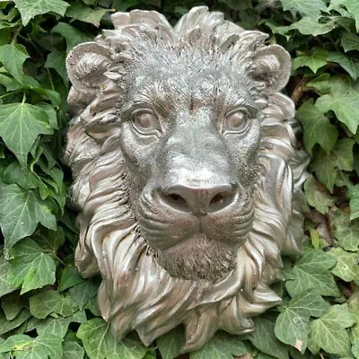 Vintage Silver Lion Head Large Sculpture Wall Mount Animal Heads Garden Ornament • £28.99