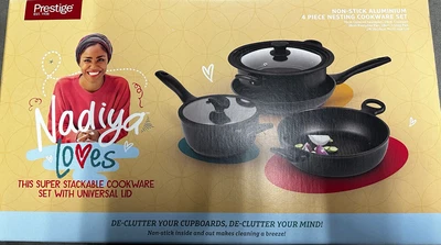 £65 • Buy Nadiya Hussain Stackable Non-Stick 4 Piece Pan Set