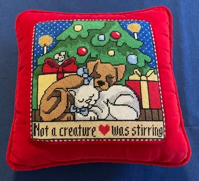 Vintage Christmas Needlepoint Pillow Cat Dog Friends Christmas  Velvet Back • $34