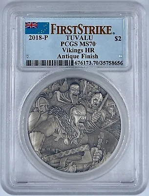 2018 P Tuvalu Vikings 2 Oz PCGS MS 70 Antique Finish High Relief First Strike • $158.99