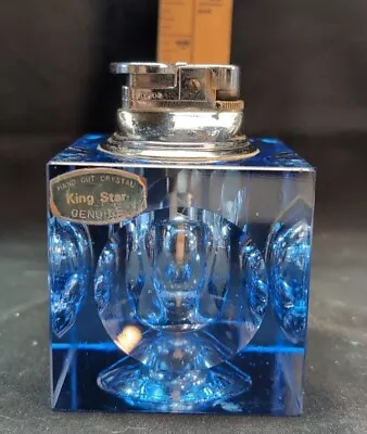 MCM King Star Blue Hand Cut Lead Crystal Table Top Cigarette Cigar Lighter W/ La • $54.99