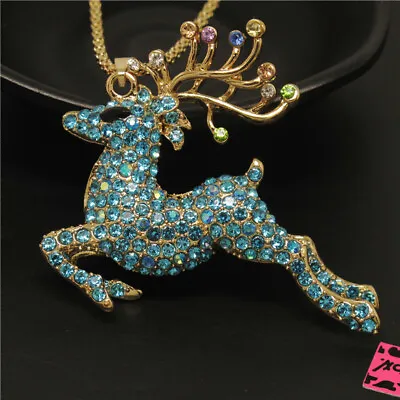 New Fashion Lady Blue Bling Cute Elk Deer Crystal Pendant Women Necklace • $3.95