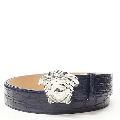 VERSACE $1200 La Medusa Silver Buckle Blue Scaled Leather Belt 80cm 30-34  • $448