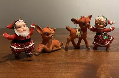 Vintage Sequined Flocked Beaded Mr & Mrs Santa Reindeer Christmas Ornaments Lot • $24.99