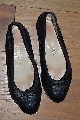 Chanel Ballet Flats Black Leather Cap Toe CC Size 36 Ballerina Classic • £192.75