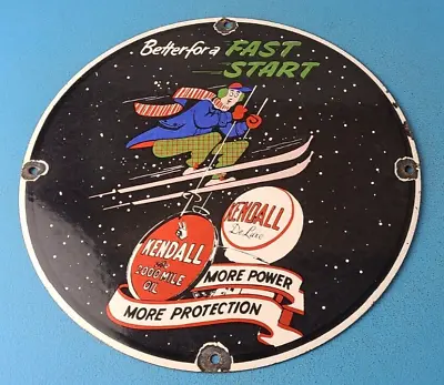 Vintage Kendall Motor Oils Sign - Porcelain Snow Skiing Ad Gas Pump Plate Sign • $147.47