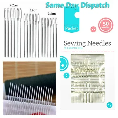 Sewing Needles 50 Pack - Assorted Sizes Hand Easy Thread Big Eye Sets Large Pack • £2.39