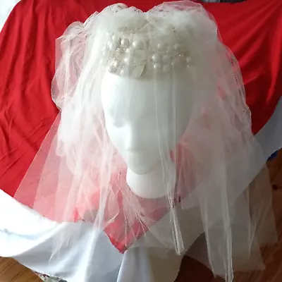 Vtg MCM Wedding Veil With Crown-Style Faux Pearl Headpiece For Bun Ivory Tulle • $29.99