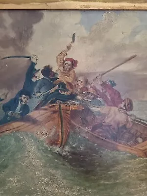 19th-CENTURY VICTORIAN ANTIQUE  OIL ON BOARD PAINTING BATTLE AT SEA • £280