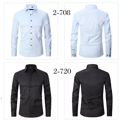 Men Slim Button Shirts Casual Stretch Shirt Long Sleeve Tops Plus Size Business • £11.99