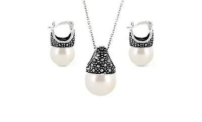 Solid 925 Sterling Silver Genuine Marcasite White Pearl Earring & Necklace Set • $19.99