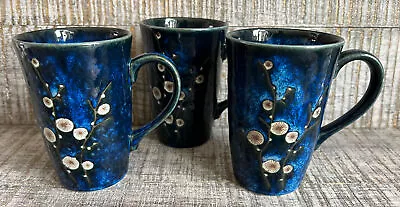 Set Of 3 World Market Cobalt Blue Cherry Blossom Glazed Porcelain Mugs • $19.95