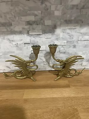 $49.99 • Buy Solid Brass Pair (2) Phoenix Dragon Candlestick Holder Griffin Gryphon