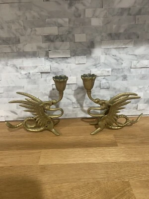 $49.99 • Buy Solid Brass Pair (2) Phoenix Dragon Candlestick Holder Griffin Gryphon