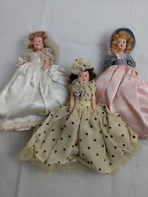 Lot: Three 7.5  Vintage Marcie Dolls Hard Plastic Marigold Stardust Bride 1940s • $75