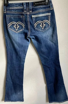 $32.88 • Buy Rock Revival Alanis Bootcut Distressed Denim Jeans  Low Rise Thick Stitch 27/28