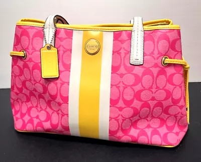 COACH Womens TOTEBAG  Signature Pink Yellow White Leather Trim Top Handles COA • $69.99