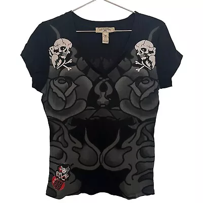 Vintage Ed Hardy Skull And Roses Vneck Women's Tshirt Size Large • $59.99