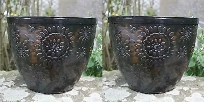 £21.99 • Buy 2 X Large Plastic Round Chengdu Garden Plant Pots Planter Black Copper Pot 36cm 