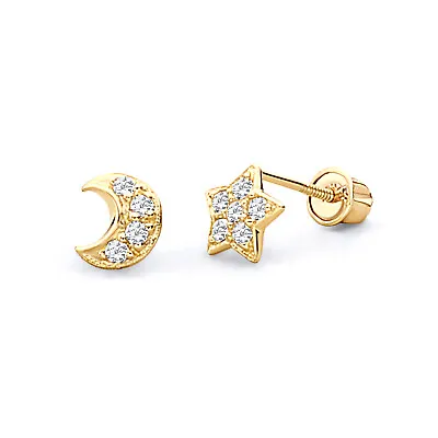 Wellingsale 14K Yellow Gold Star & Moon Stud Earrings • $52