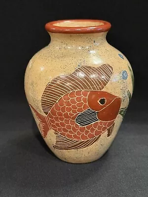 Handmade Etched Art Pottery Vase Incised Fish With Bubbles Design • $26