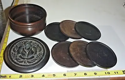 Vtg Set Of 6 Wood Coasters In Container - Mid Century - USA • $19.50