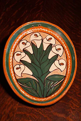 Vintage Handmade Mexican Glazed Red Clay Calla Lilies Hanging Plate • $15