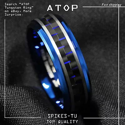 8mm Blue Tungsten Ring Black And Blue Carbon Fiber Wedding Band ATOP Men Jewelry • $15.99