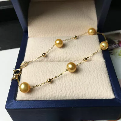 $148 • Buy 7.5-8  Stunning AAA+ 7-8mm Real Natural Akoya Gold Round Pearl Bracelet 18k Gold