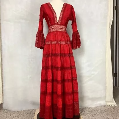 Vintage 60s 70s Red Mexican Pintuck & Lace Festival Dress • $220