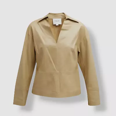 $995 Vince Women's Beige Leather Popover Long Sleeve Shirt Blouse Top Size XL • $318.46