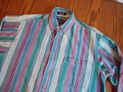 Vintage 1980s 90s Men's SASSON Denim Striped Colorful Dress Button Down Shirt • $12.73