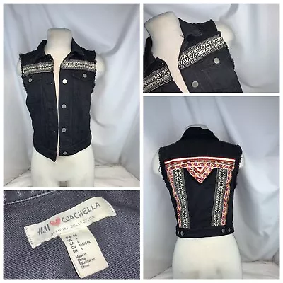 H & M Coachella Jeans Vest Jacket Sz 6 Black Cotton Buttons Mint YGI G0-140 • $37.98