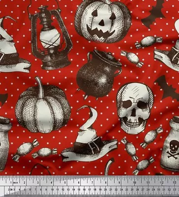Soimoi Red Cotton Poplin Fabric Lantern|Skull & Witch Hat Halloween-SBb • $16.08
