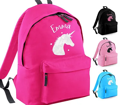 Girls Personalised Glitter Unicorn Backpack Horse Ride School Rucksack Bag • £14.75