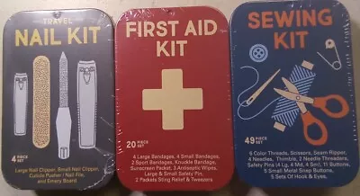 Kikkerland First Aid Kit 20pc Sewing Kit 49 Pc & Travel Nail Kit 4pc. Mini Tin. • $16.20